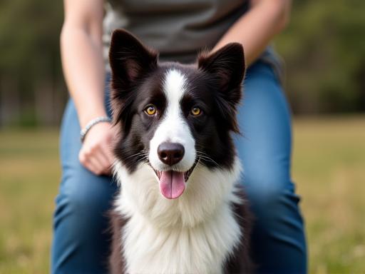 Anjing border collie duduk patuh di sisi pemiliknya.